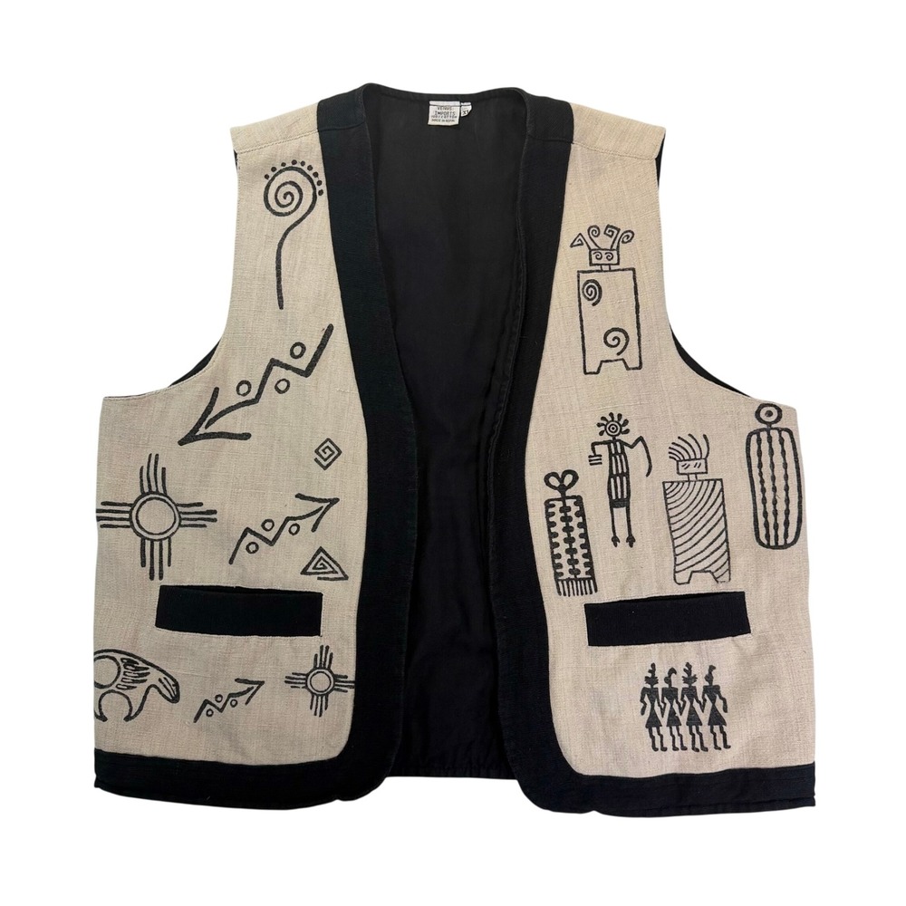 Venus Imports Mens XL Cotton Vest Nepal Tribal Zia Sun Art Petroglyph VTG Y2K